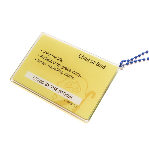 Angled back view of Child of God transport card acrylic keychain with blue ball chain