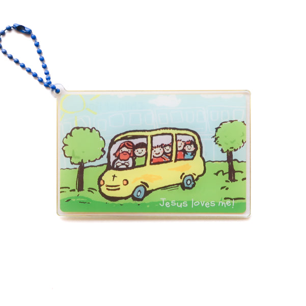 Front view of Transport Card Jesus Loves Me acrylic keychain with yellow bus illustration