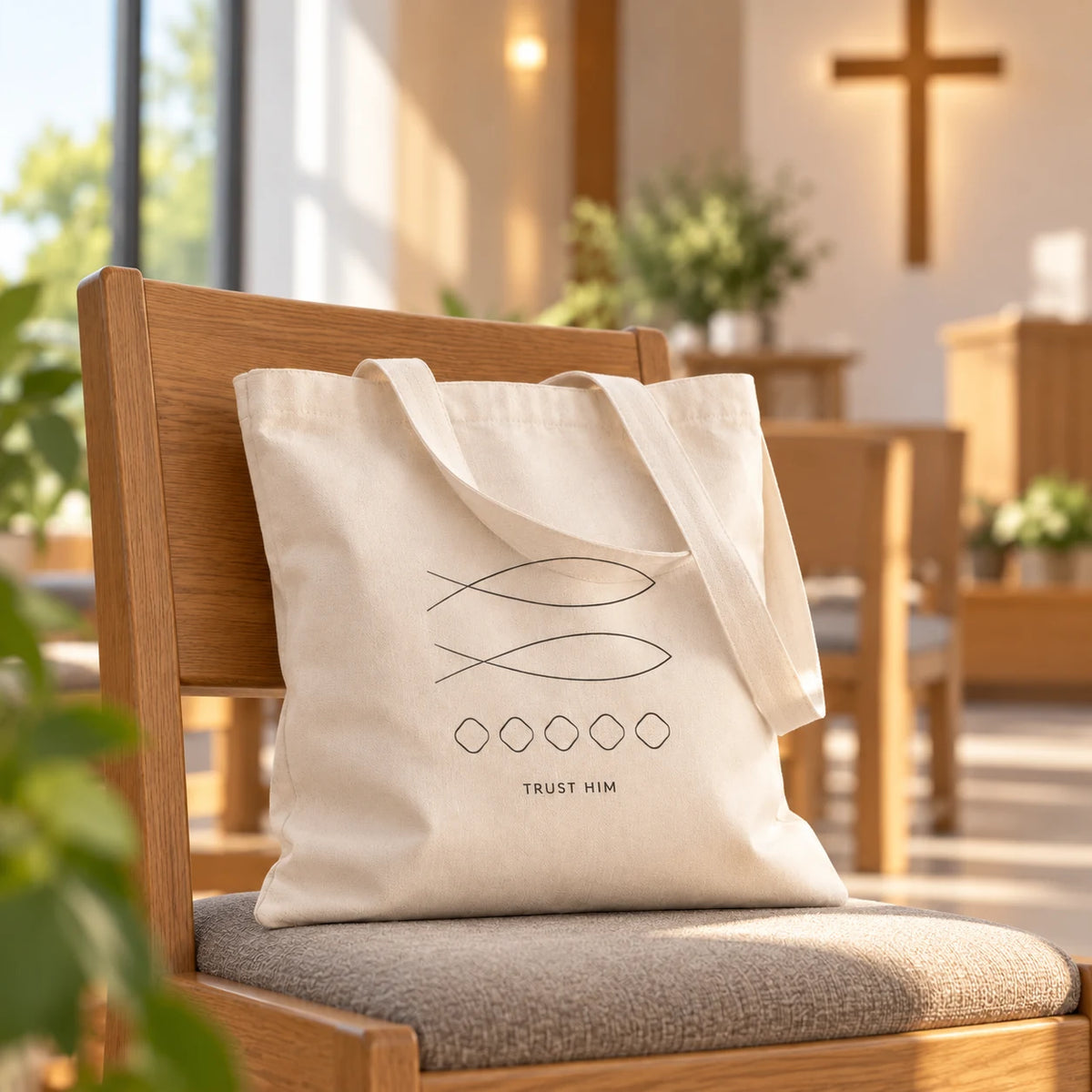 Trust Him minimalist Christian canvas tote bag leaning on a wooden chair inside a warm contemporary church