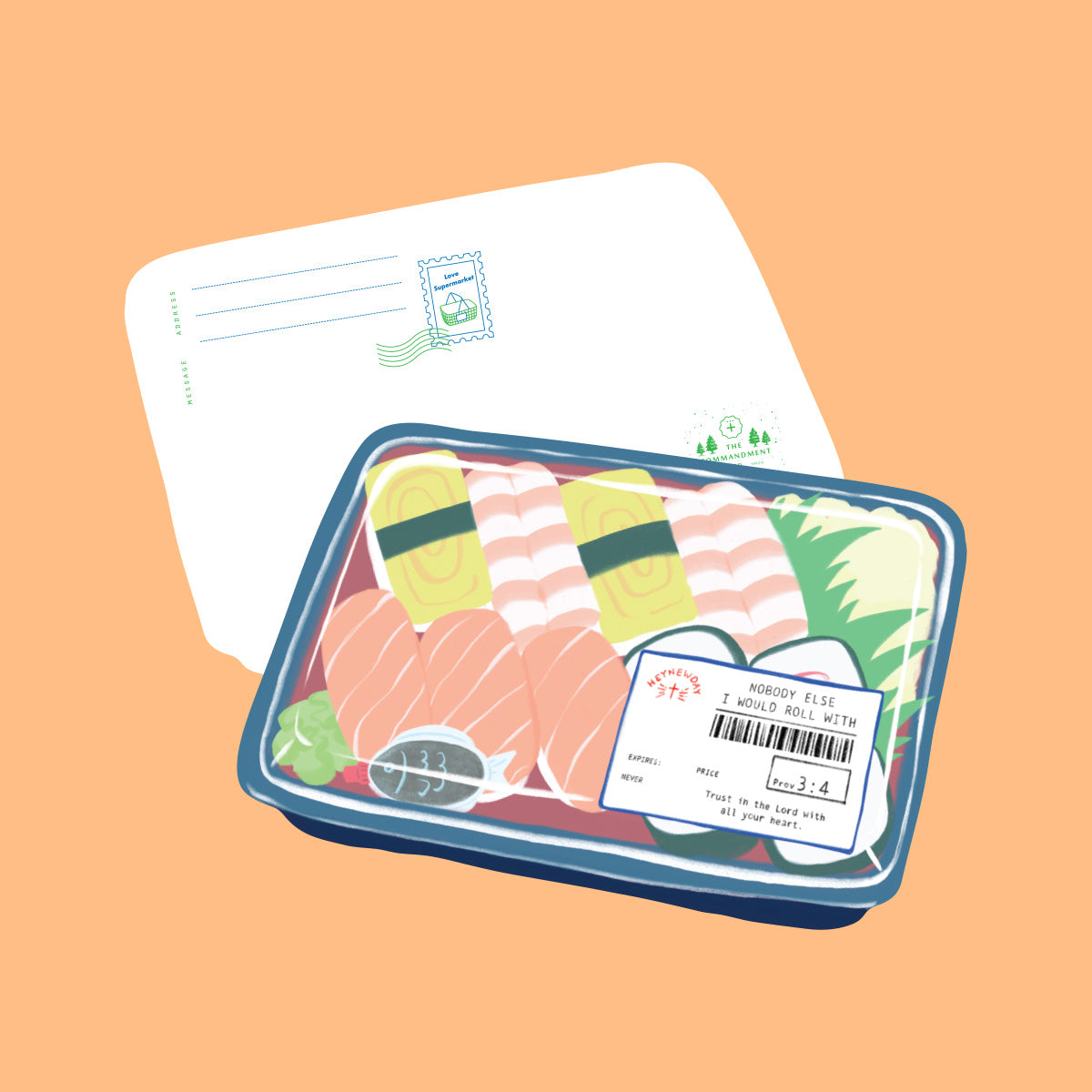 Christian postcard shaped like a sushi bento set with the phrase “Nobody else I would roll with” and a label referencing Proverbs 3:5–6 about trusting in the Lord.
