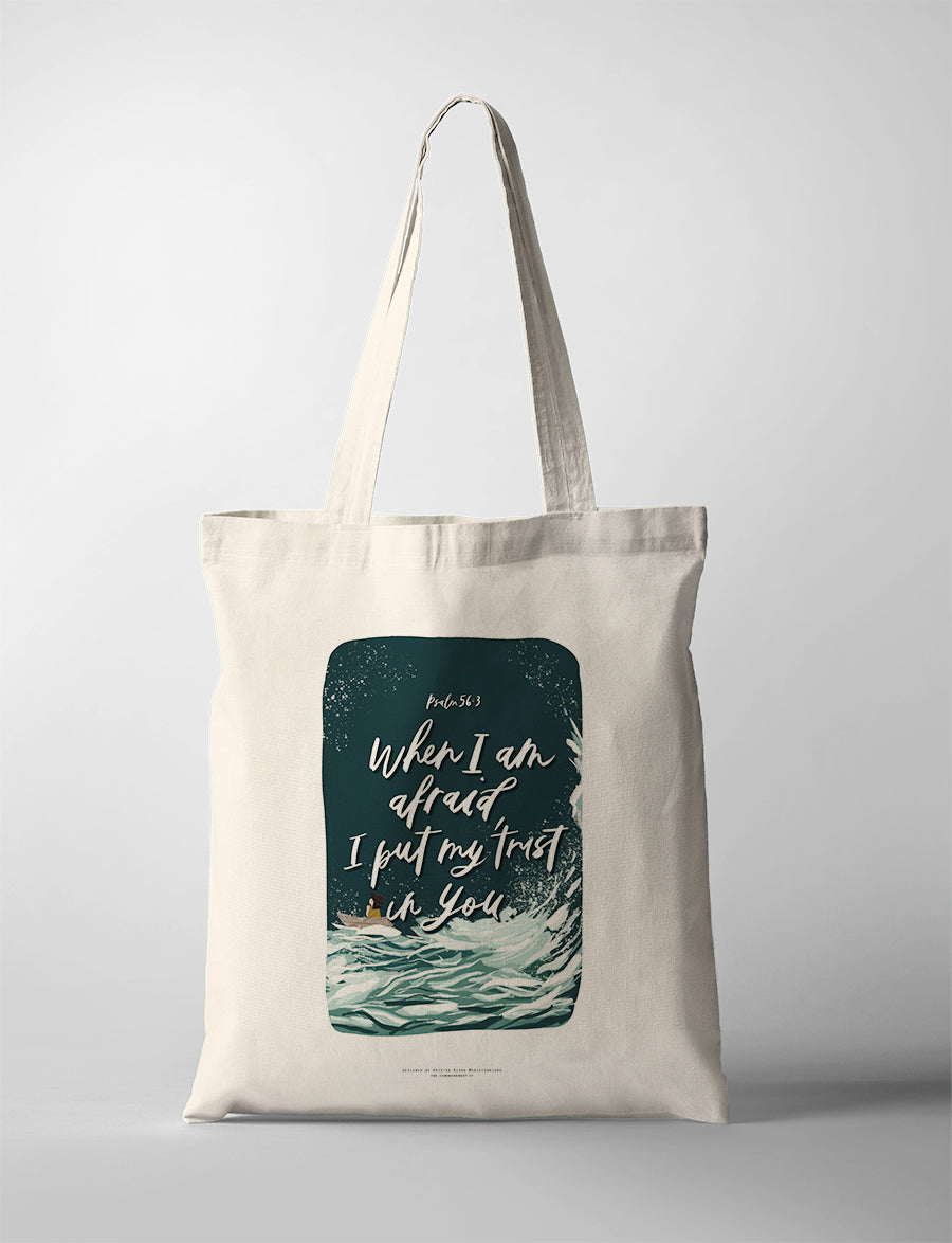 Trust in You CollabPlus+ tote bag with Psalm 56:3 ocean waves artwork and hand-lettered faith message by Kristen Kiong