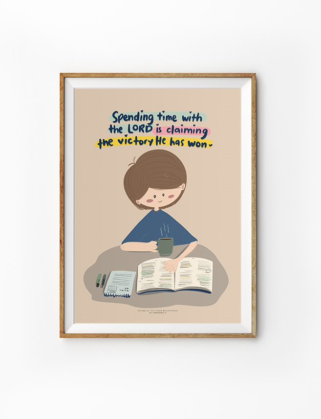 Christian faith based poster showing a peaceful boy with brown hair, sipping from a mug while reading an open Bible. Surrounded by a notebook and highlighters on a beige tabletop, he is immersed in quiet devotion. The quote above him says, “Spending time with the LORD is claiming the victory He has won,” rendered in a colorful, playful font. Ideal for those seeking spiritual encouragement in their daily walk.