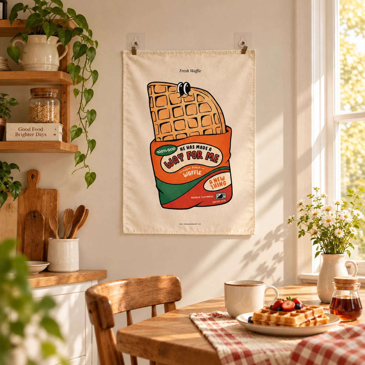 Way for Me Waffle Christian wall tapestry displayed in a bright kitchen dining space