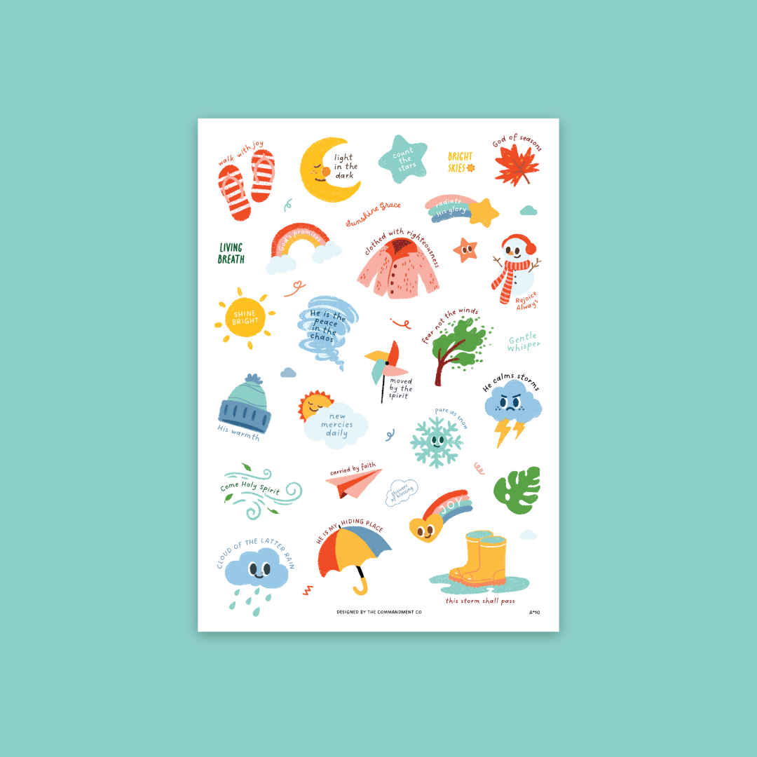 Weather Stickers Sticker Sheet with transparent background featuring faith-inspired weather and season designs like “This Storm Shall Pass,” “New Mercies Daily,” and “He Calms the Storm” by The Commandment Co.