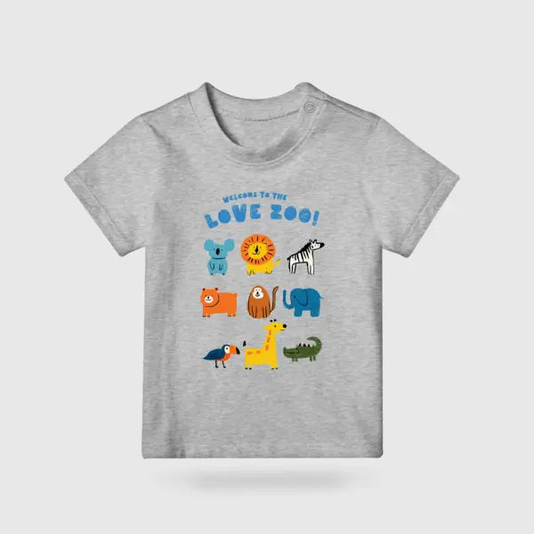 Welcome to the Love Zoo kids’ T-shirt in grey with colourful illustrated zoo animals