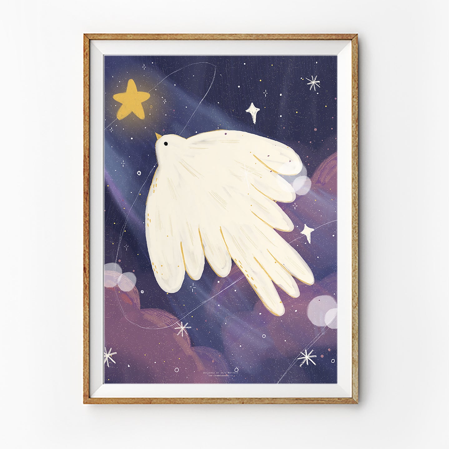 Christian art poster featuring a white bird flying through a purple night sky with stars, dreamy faith-inspired wall art.