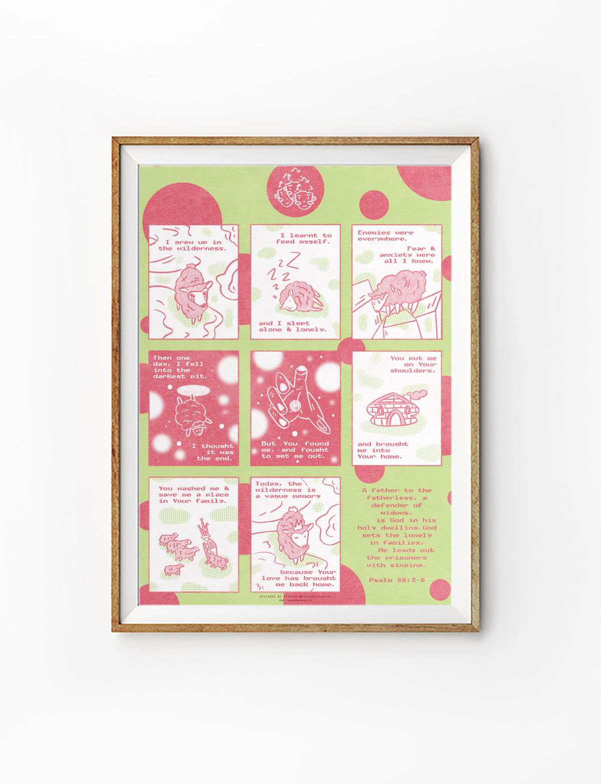 Wilderness Home Psalm 68:5-6 poster in green and pink, featuring comic-style sheep panels about God bringing the lonely into family.