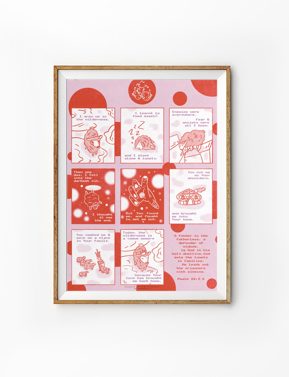 Wilderness Home Psalm 68:5-6 poster in pink and red, featuring illustrated sheep story panels about God rescuing and bringing us home.