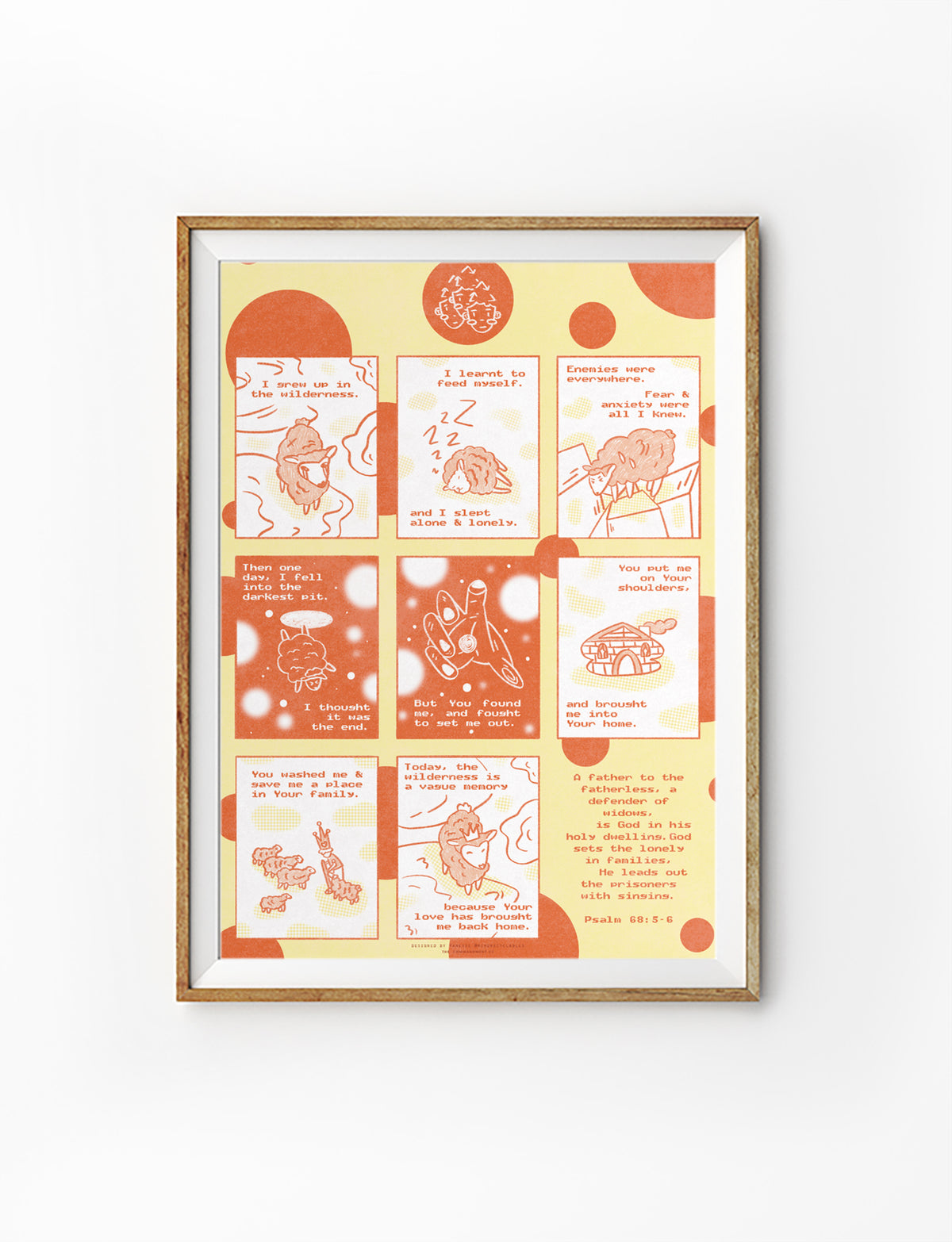Wilderness Home Psalm 68:5-6 poster in yellow and red, featuring comic-style sheep illustrations and Scripture about God setting the lonely in families.