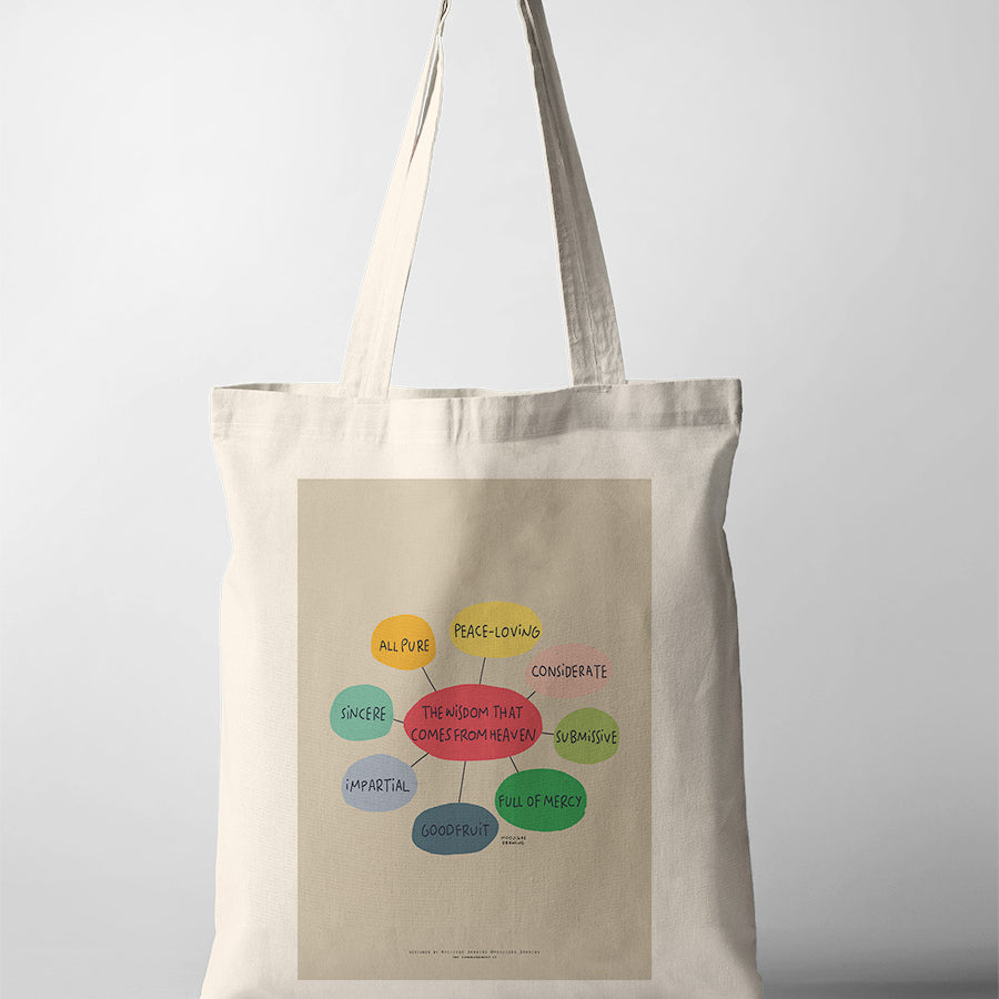 Christian tote bag featuring James 3:17 wisdom from heaven qualities in colourful hand-drawn design