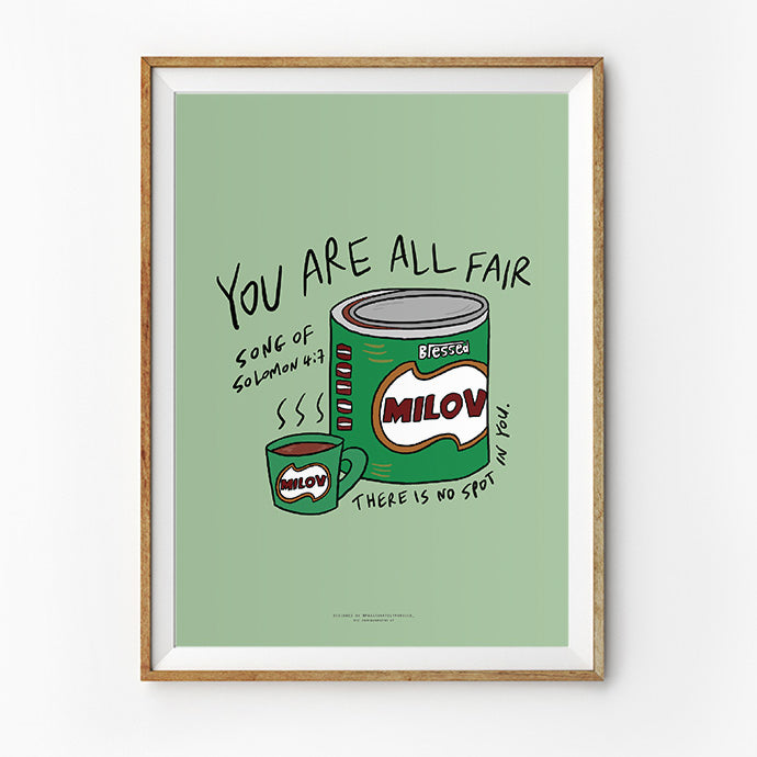 Modern framed art featuring Song of Solomon 4:7 verse 'You are all fair' and artistic depiction of a Milo can