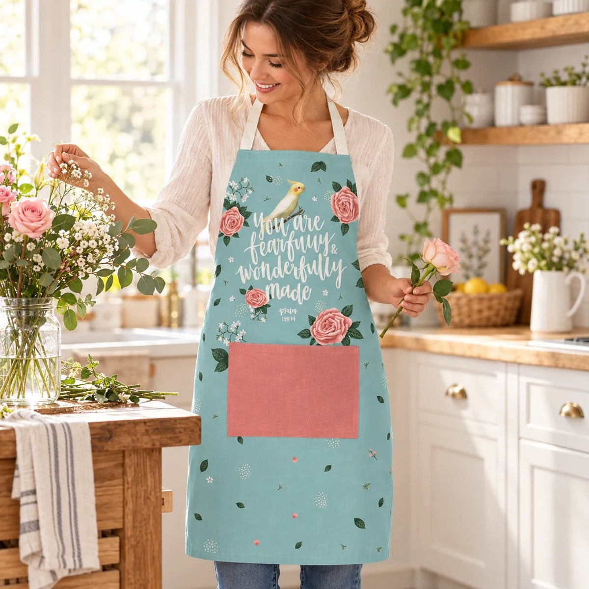 Lifestyle photograph of a woman arranging flowers in the You Are Fearfully and Wonderfully Made apron.