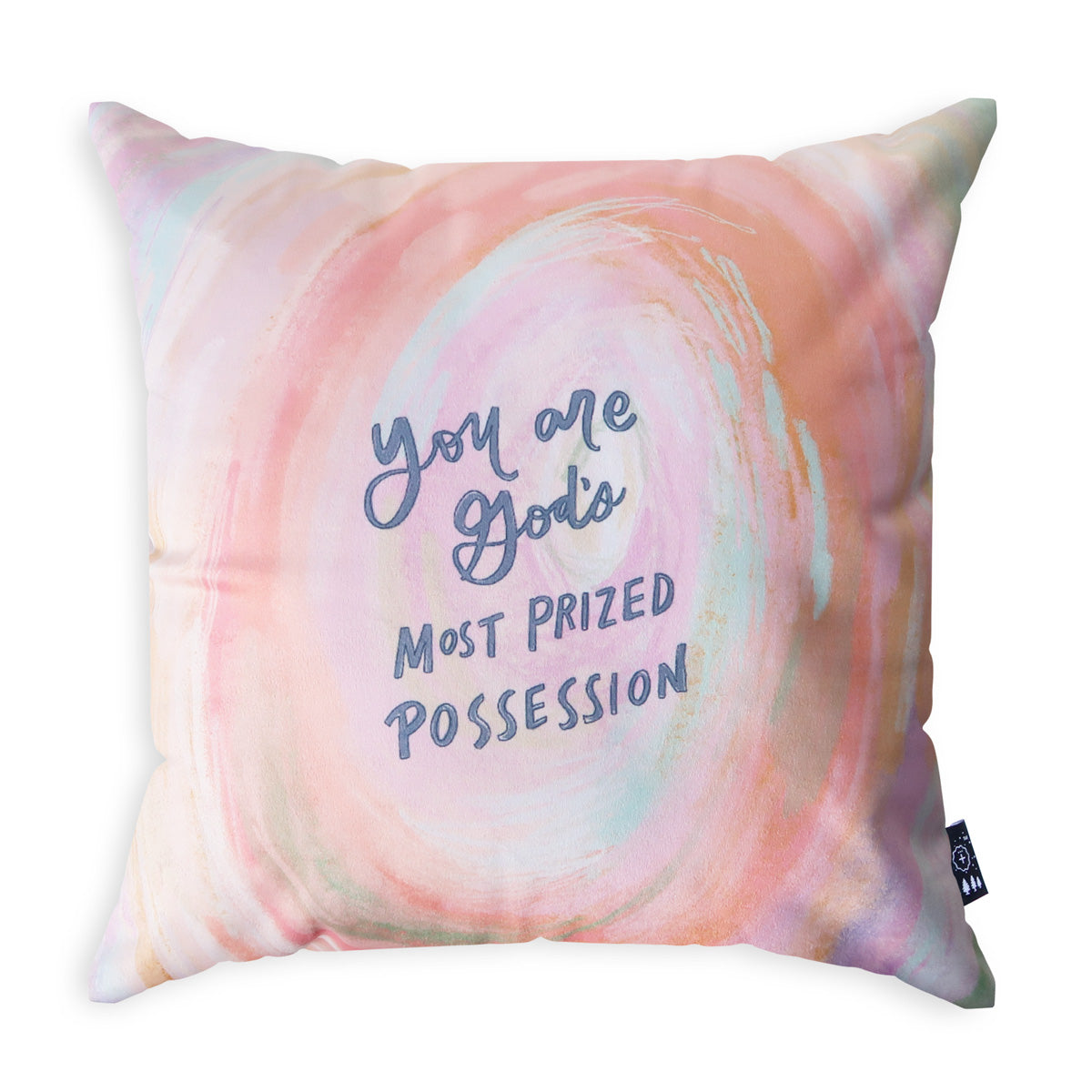 Decorative throw pillow with the text 'You are God's most prized possession,' featuring a soft pastel swirl design, perfect for Christian faith-based home decor.