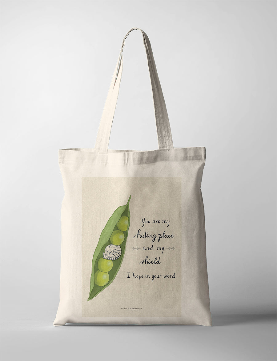 Christian tote bag featuring “You are my hiding place and my shield” with pea pod illustration