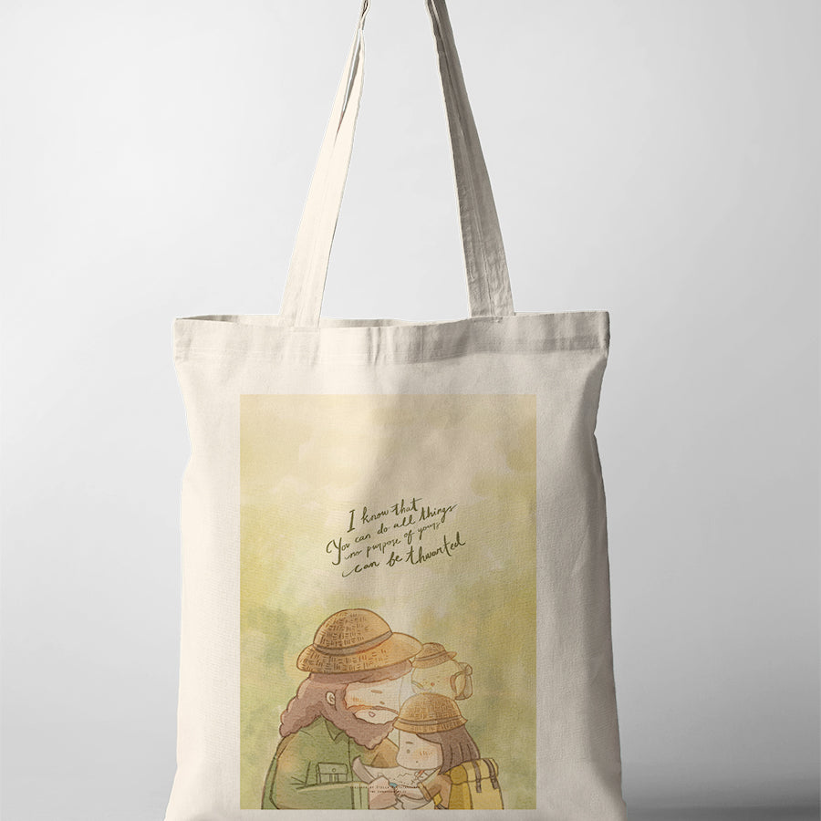 Christian tote bag featuring a warm illustrated scene of a father and child with the verse “I know that You can do all things; no purpose of Yours can be thwarted” from Job 42:2
