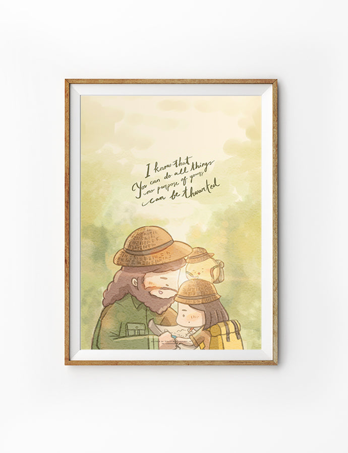 Christian wall art poster featuring a father and child studying a map with the quote “I know that You can do all things; no purpose of Yours can be thwarted,” inspired by Job 42:2 (NLT). Encouraging Scripture-based illustration for home decor.