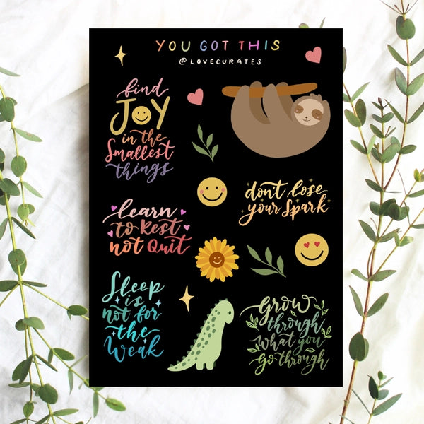 Love Curates You Got This Vinyl Sticker Sheet Design 2 with colourful encouragement stickers about joy, rest and growth