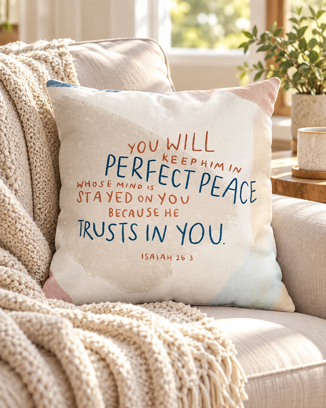 You Will Keep Him in Perfect Peace Christian cushion cover styled on a cosy sofa in a warm sunlit living room.