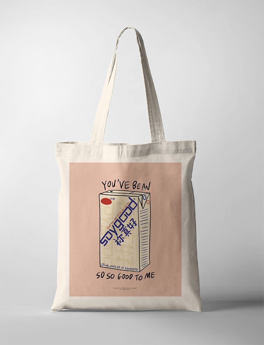 Tote bag with a Christian-themed design featuring a Soy Good drink carton illustration and the phrase 'You've Bean So So Good to Me'