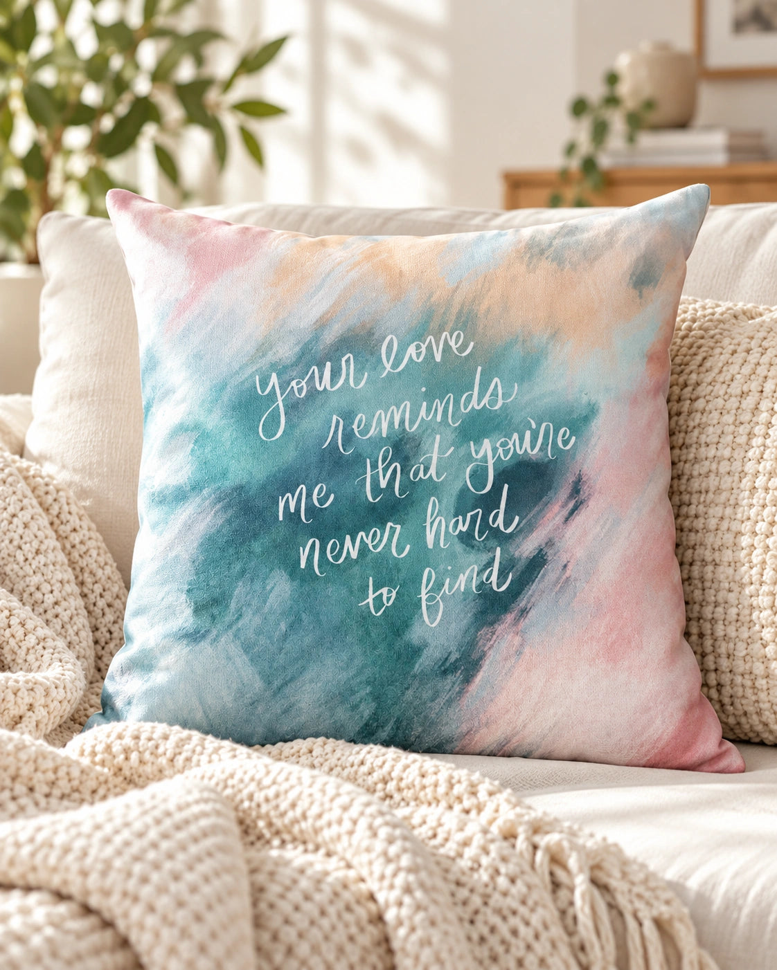 Your Love Reminds cushion cover styled on a cream sofa with a knitted throw in a sunlit room
