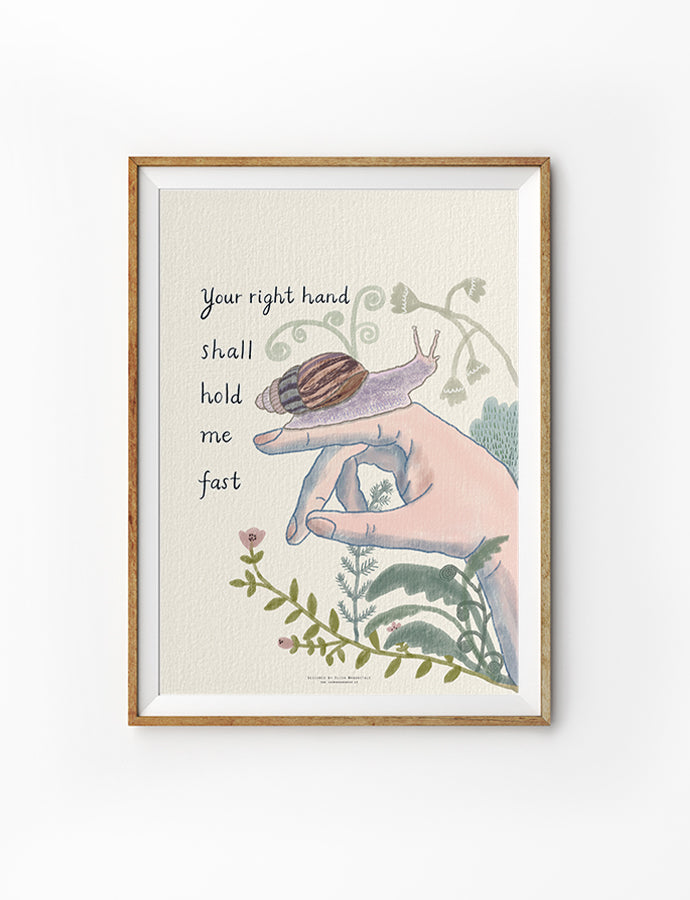 Christian poster featuring “Your right hand shall hold me fast” with a hand, snail, and botanical illustration
