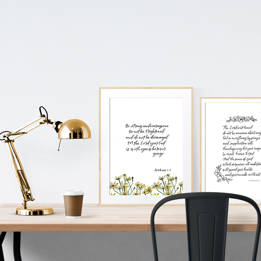 Be Strong And Courageous (Floral) {Poster} - Posters by Jessoligraphy, The Commandment Co