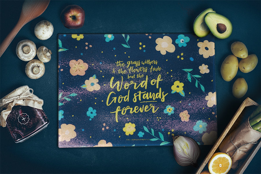 Cutting board with inspirational messages will remind us to be grateful for the feast laid before us. Great motivational cutting board.