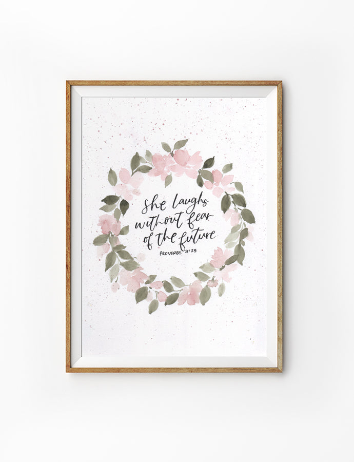 Posters featuring beautiful typography bible verses with flower designs. ‘She laughs without fear of the future’. 200GSM paper, available in A3,A4 size.
