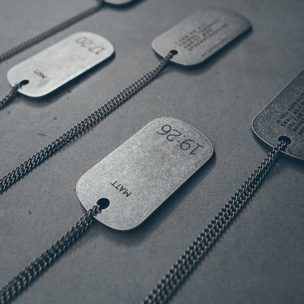 Gunmetal dog tag necklace with Matthew 19:26 engraving example