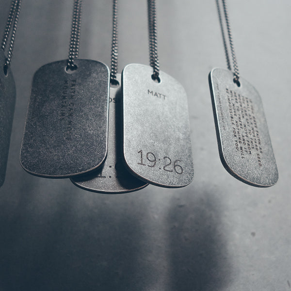 Gunmetal dog tag necklace with mustard seed verse engraving example