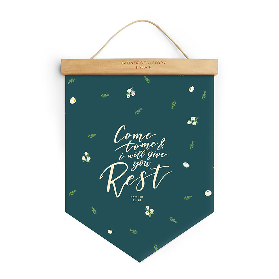 Come To Me Matthew 11:28 Christian Banner of Victory with floral design.