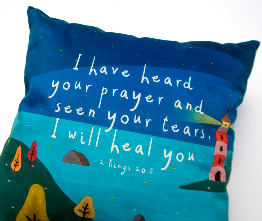 Blue I Will Heal You Christian cushion cover design inspired by 2 Kings 20:5