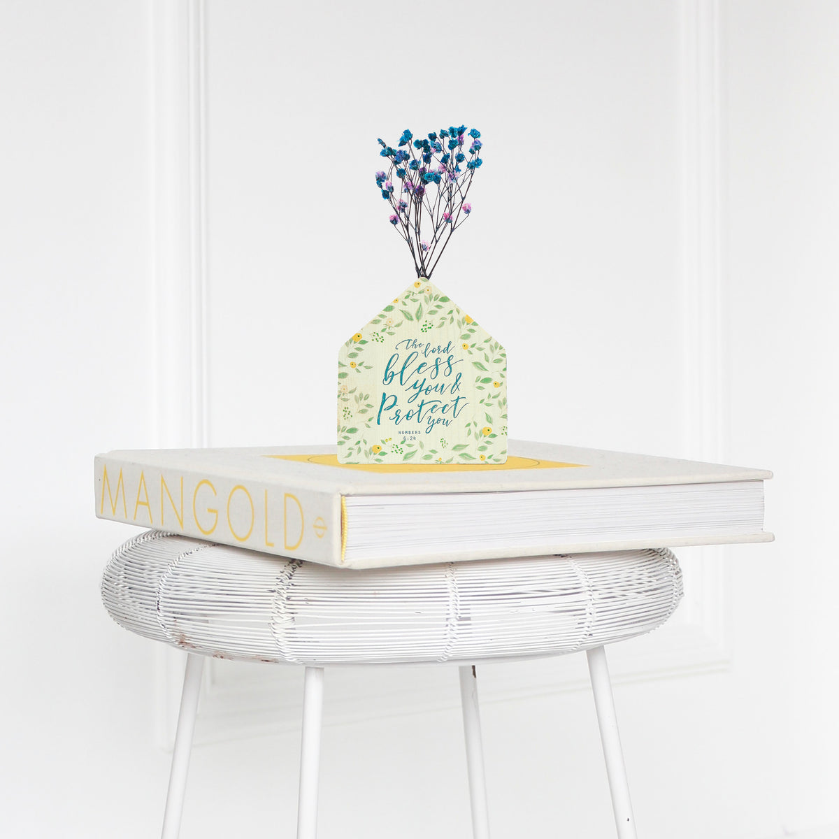 Minimalist pine wood Little House Vase with dried flowers for Christian home décor.