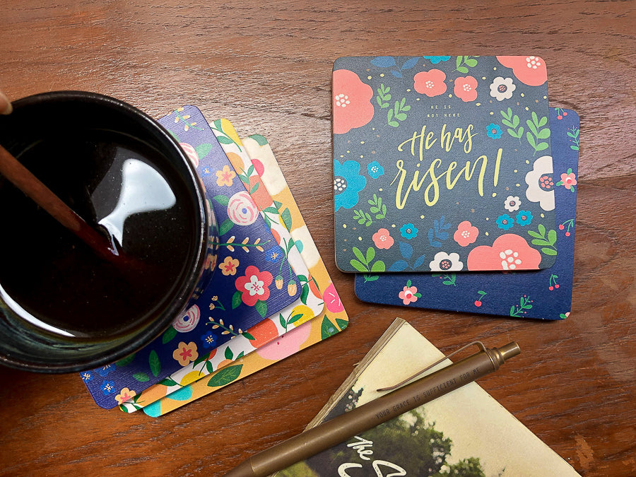 Christian floral wooden coaster shown as a related coaster design.