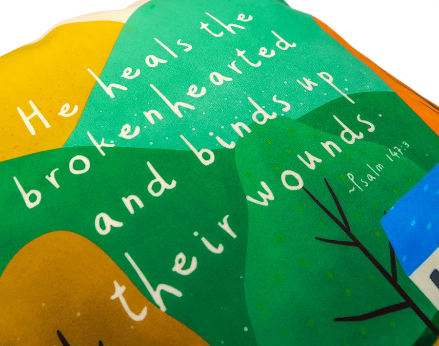 Psalm 147:3 Christian cushion cover with colourful healing-themed illustration