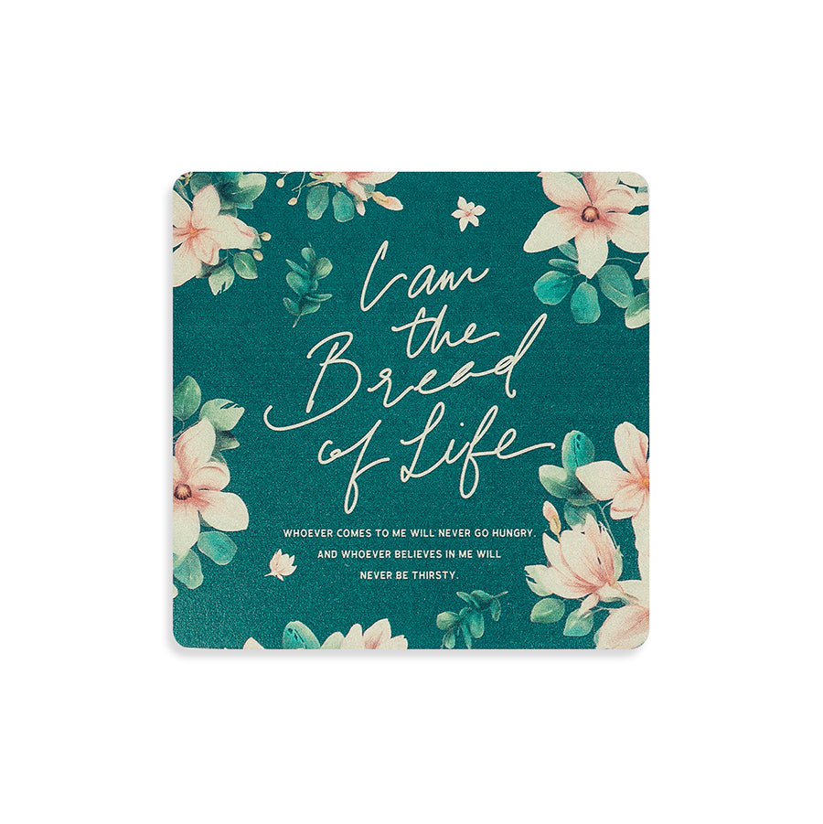 10cmx10cm green wooden coaster with floral designs and encouragement bible verse ”I am the bread of life”.