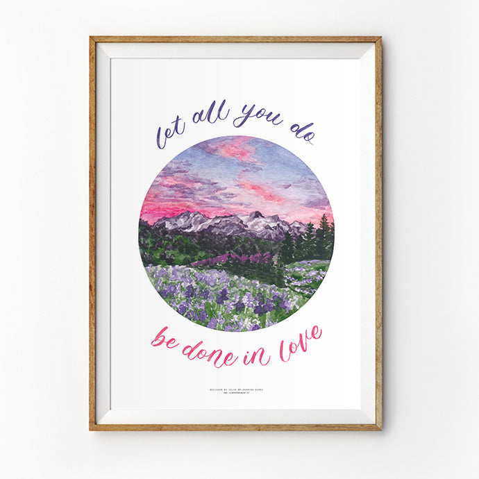Done In Love Christian poster designed by Chloe of Flowering Words, lilac mountain artwork view.
