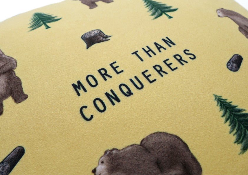 More Than Conquerors Christian cushion cover design detail