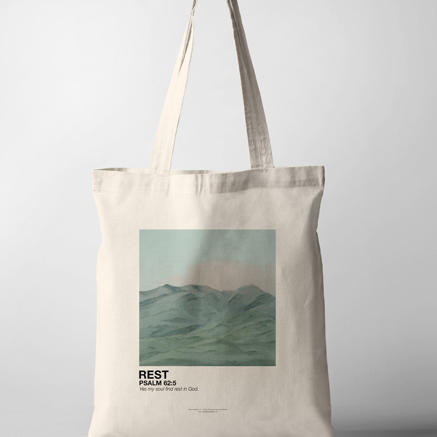 tote bag with landscape and spiritual texts