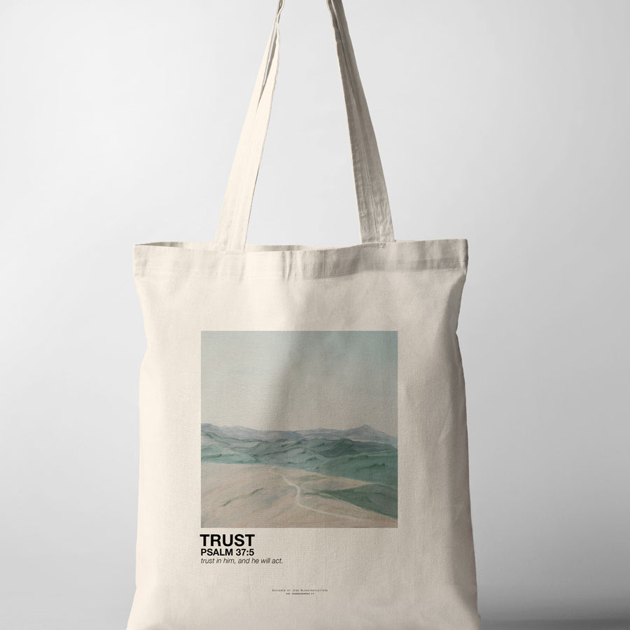 Trust Christian tote bag by Love That Letters inspired by Psalm 37:5 with scenic artwork.