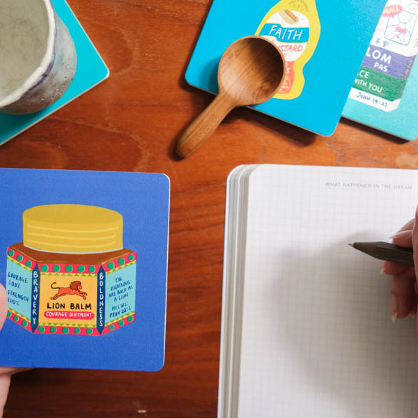 Love Supermarket Christian wooden coaster assortment with playful faith-inspired designs.