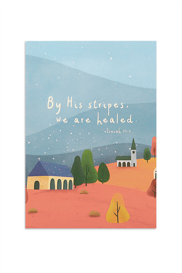 By His Stripes, We Are Healed Christian card inspired by Isaiah 53:5 for faith-filled encouragement.