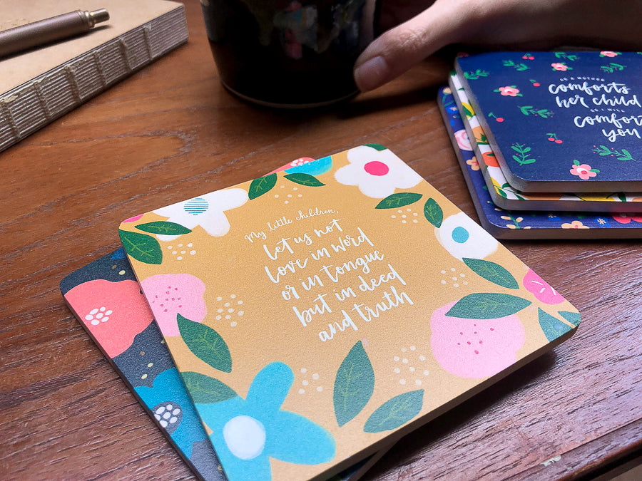 My Little Children wooden coaster with faith-inspired love message.
