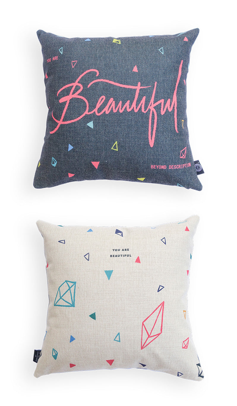 Comparison between front and back logo of cushion cover. Cushion covers can brighten up a room and sends positive messages throughout the day. Get one today!