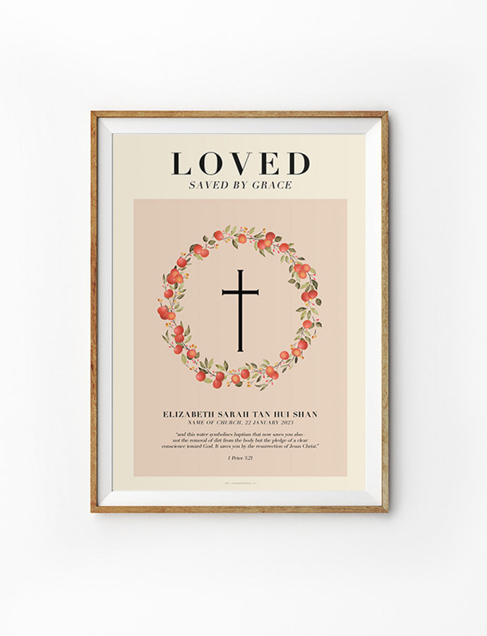 Chosen Loved Faith baptism poster with vintage wreath and fruit illustration.