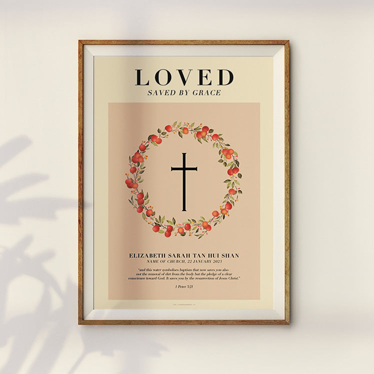 Christian baptism keepsake poster with illustrated wreath design.