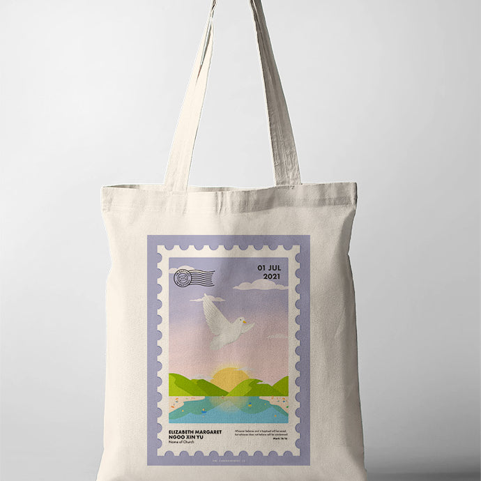 I Am Baptised Postage Stamp Tote Bag {Customisable} - tote bag by The Commandment Co, The Commandment Co , Singapore Christian gifts shop