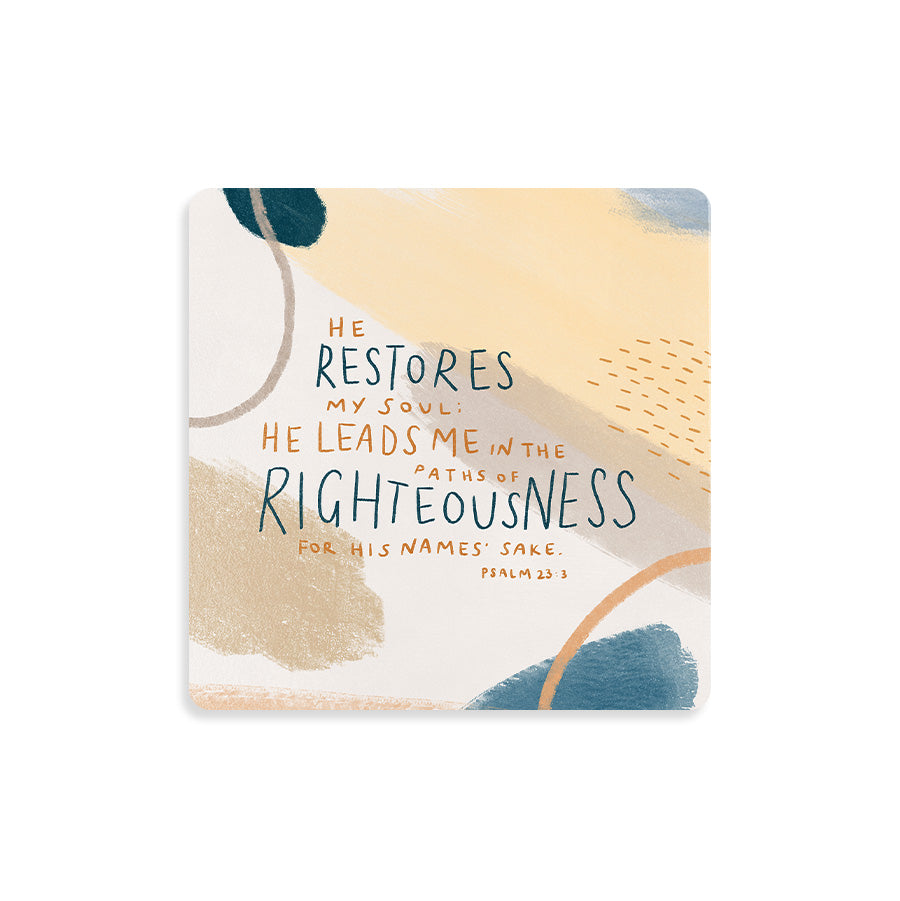 He Restores My Soul wooden Christian coaster featuring Psalm 23:3