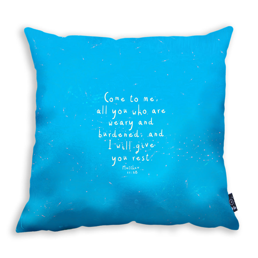 Matthew 11:28 Christian cushion cover with Come to Me and I Will Give You Rest design.