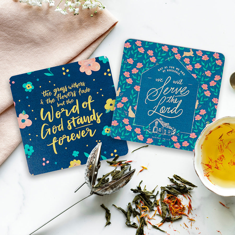 Take Delight In The Lord floral wooden coaster styled with an English high-tea setting.